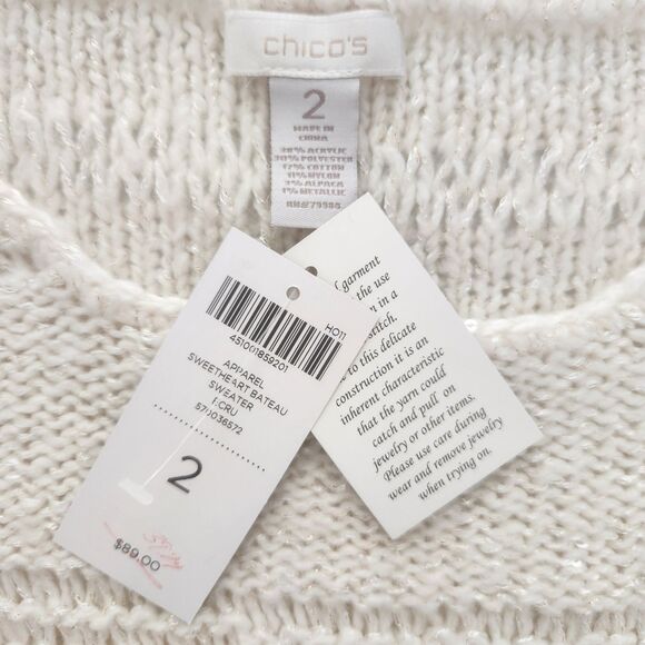 Chicos NWT Sweetheart Bateau Sequin Shimmer Sweater 2/L Alpaca Ecru Quiet Luxury - Picture 9 of 9